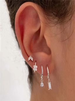 AQUASTREET - Single Ear 18K Silver Plated Antitarnish Zircon Earring Set (Set of 4)