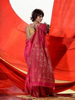 CHARUKRITI - Fuchsia Cotton Blend Ethnic Motifs and Zari Jamdani Pallu Saree with Unstitched Blouse