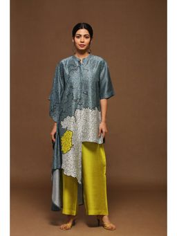 clos - Lime Green and Blue Rich Dupion Silk Tunic with Pant (Set of 2)