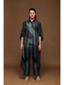 clos - Prussian Navy Blue Rich Dupion Silk Kaftan with Pant (Set of 2)