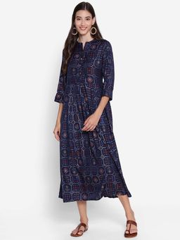 Shree - Women Muslin Navy Blue Printed Dress