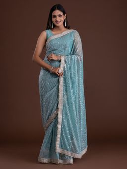 Koskii - Sky Blue Sequin Net Saree With Unstitched Blouse