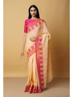 Unnati Silks - Cream Pure Pavani Handcrafted Kanchi Cotton Saree with Unstitched Blouse