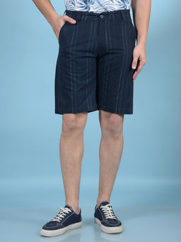 CRIMSOUNE CLUB - Men Navy Blue Vertical Stripes Pure Cotton Shorts