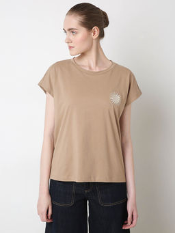 VERO MODA - Nude Solid Embroidered Organic Cotton T-Shirt