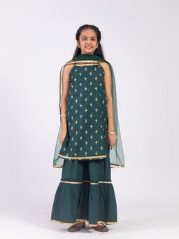 Kasya - Green Printed Sleeveless Kurta with Sharara and Dupatta (Set of 3)