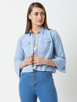 Miss Chase - Women Light Blue Collar Neck Full Sleeve Solid Gathered Crop Fit Length Jacket