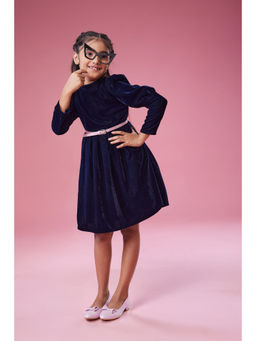 MASTARANG - Navy Blue Puffed Full Sleeve Velvet Dress with Belt (Set of 2)