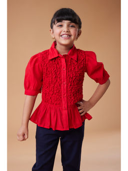 MASTARANG - Red Half Sleeves Collar Tie Up At Hem Top