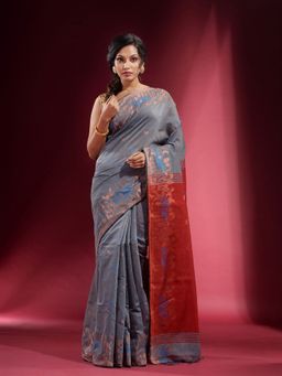 CHARUKRITI - Ash Grey with Zari Ethnic Pattern Saree with Unstitched Blouse