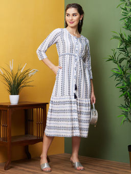 Globus - Women White Geometric Printed Casual Round Neck A-Line Ethnic Dresses