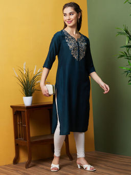 Globus - Women Teal Solid Embroidered Yoke Daily Wear Round Neck Straight Kurta