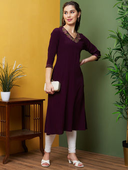Globus - Women Purple Floral Embroidered V Neck Georgette A-Line Kurta With Pocket