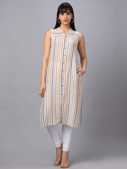 Globus - Women Multi Striped Mandarin Collar A Line Sleeveless Kurta
