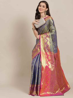 Silk Land - Kanchipuram Soft Silk Zari Woven Saree with Unstiched Blouse Navy Blue & Gold