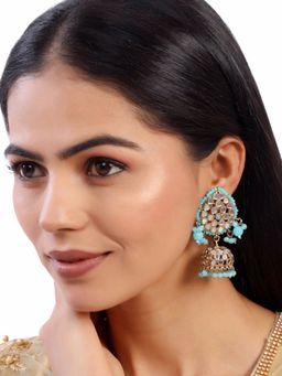Accessher - Tilak Shaped Antique Gold Plated Jhumka Mirrors Earrings -Blue Beads
