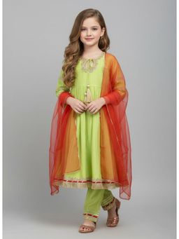 The Magic Wand - Girls Green and Red Laced Anarkali Kurta Set with Dupatta