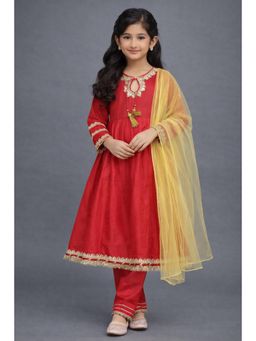 The Magic Wand - Girls Red Woven Laced Anarkali Kurta Set with Dupatta