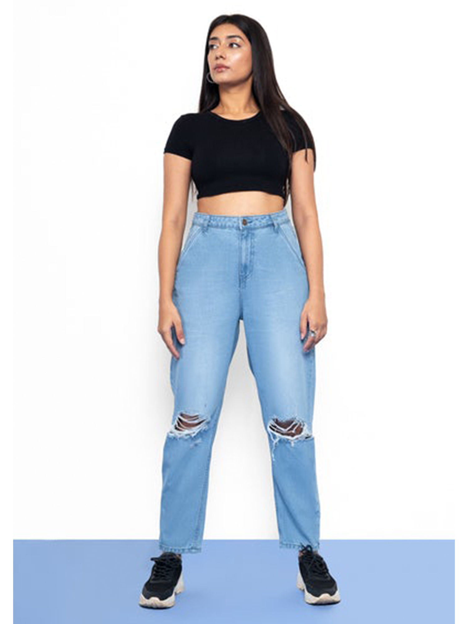 Blue Distressed Slouchy Jeans Online 