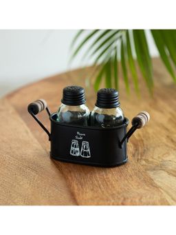 ExclusiveLane - Mason Bottle Glass Salt & Pepper Shakers Set With Iron Holder