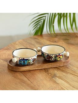 ExclusiveLane - The Hut Hand-Painted Ceramic Serving Bowls With Wooden Tray