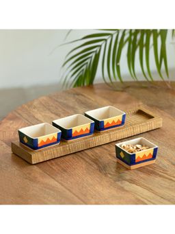 ExclusiveLane - Geometric Landscape Hand-Painted Ceramic Chutney & Dip Bowls With Wooden Tray