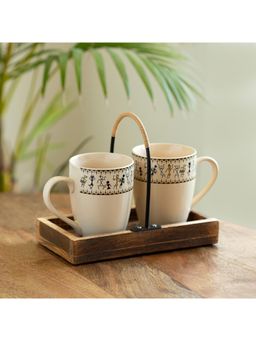 ExclusiveLane - Art of Warli Ceramic Tea & Coffee Mugs With Wooden Tray