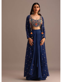 KALKI FASHION - Blue Embroidered Crop Top With Drape Skirt And Tussar Jacket