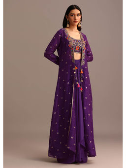 KALKI FASHION - Purple Embroidered Crop Top With Drape Skirt And Tussar Jacket