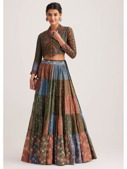 KALKI FASHION - Multi Colored Kantha Embroidery Chanderi Crop Top & Skirt