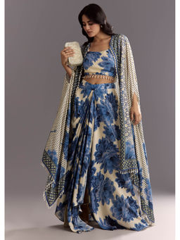 KALKI FASHION - Cream Blue Floral Printed Crop Top & Skirt With Tassel Bordered Cape