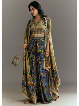 KALKI FASHION - Greenish Beige Muslin Embroidered Crop Top With Printed Skirt And Cape