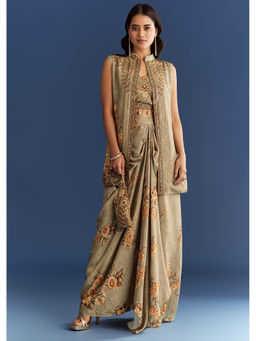 KALKI FASHION - Beige Muslin Crop Top With Floral Printed Skirt, Pouch & Jacket