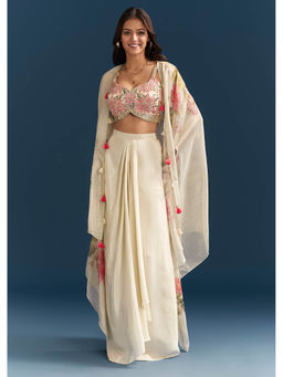 KALKI FASHION - Beige Crop Top & Skirt With Resham Work And Floral Cape