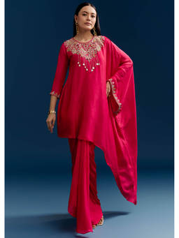 KALKI FASHION - Pink Dola Silk Zardozi Work Tunic with Skirt
