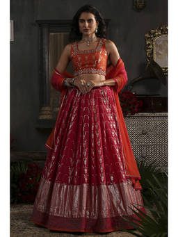 Biba - Women Pink Orange Viscose Fitted Dyed Blouse with Lehenga & Dupatta