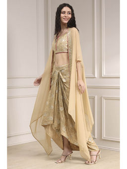 Biba - Women Beige Viscose Rayon Printed Blouse with Shrug & Skirt