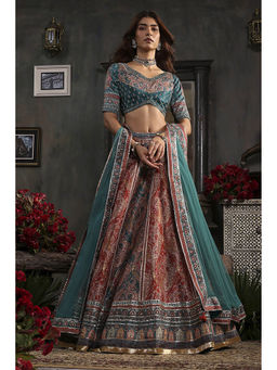 Biba - Women Turquoise Polyester Printed Blouse with Lehenga & Dupatta