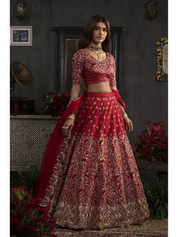 Biba - Women Berry Red Polyester Embroidered Blouse with Lehenga & Dupatta