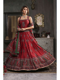 Biba - Women Red Chanderi Fitted Printed Blouse with Lehenga & Dupatta