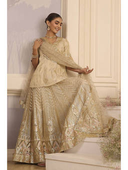 Biba - Women Beige Viscose Peplum Embroidered Kurti with Lehenga & Dupatta