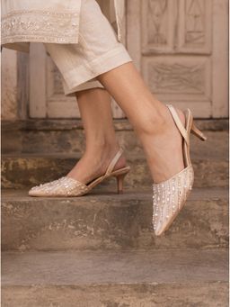 Sole House - Women Champagne Rose Gold Embellished Pointed Toe Kitten Heels