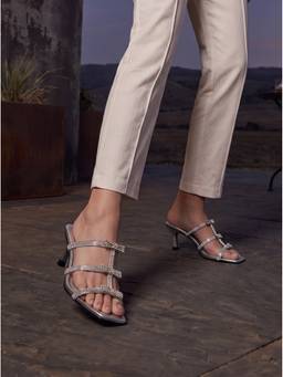 Sole House - Women Silver Embellished Square Toe Stiletto Heels