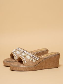 ERIDANI - Women Niha Beige Embellished Wedges Heels