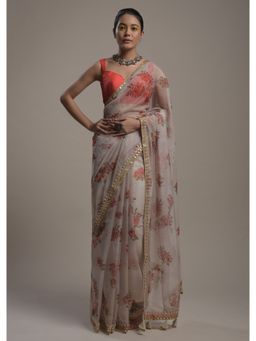 KALKI FASHION - Beige Saree In Organza with Floral Print with Unstitched Blouse