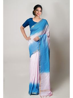 Unnati Silks - Pink Blue Plain Chanderi Sico Saree with Unstitched Blouse