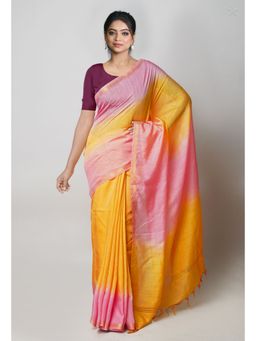 Unnati Silks - Peach Pink Mustard Plain Chanderi Sico Saree with Unstitched Blouse