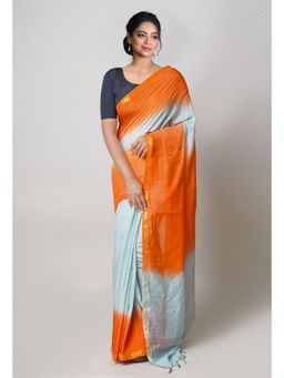 Unnati Silks - Blue Orange Plain Chanderi Sico Saree with Unstitched Blouse
