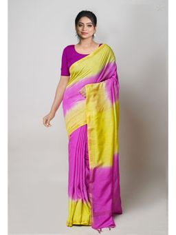 Unnati Silks - Yellow Pink Plain Chanderi Sico Saree with Unstitched Blouse
