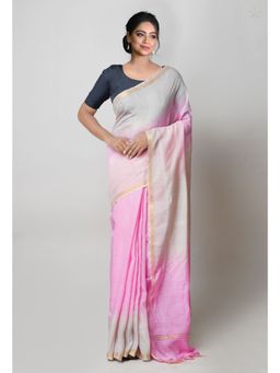 Unnati Silks - Pink & Cream Plain Chanderi Sico Saree with Unstitched Blouse